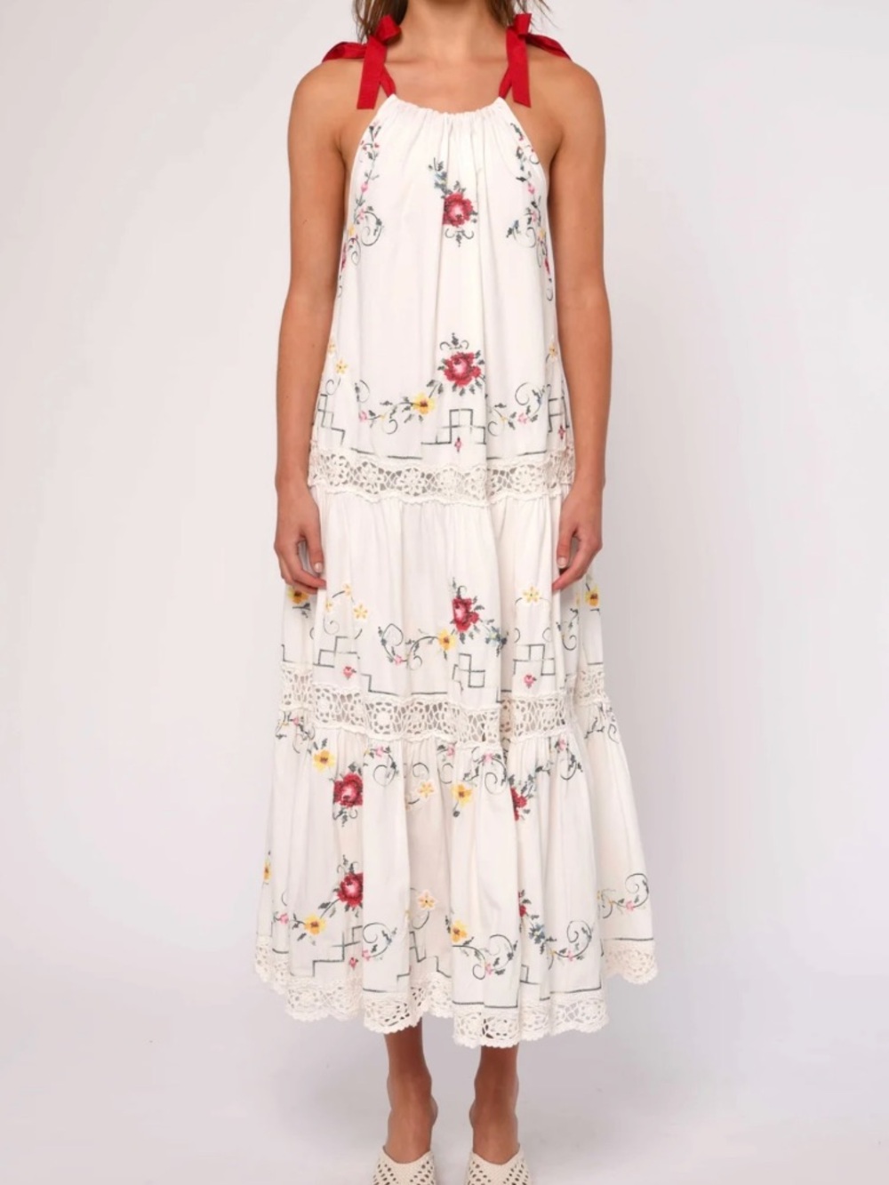 Love the label White Floral Halter Maxi Dress with Pink Ribbon Ties
